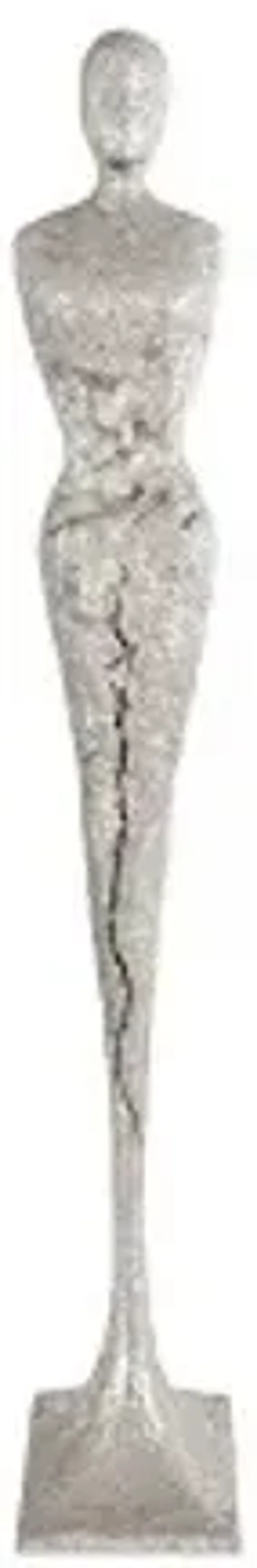 tall chiseled female sculpture, resin, silver leaf