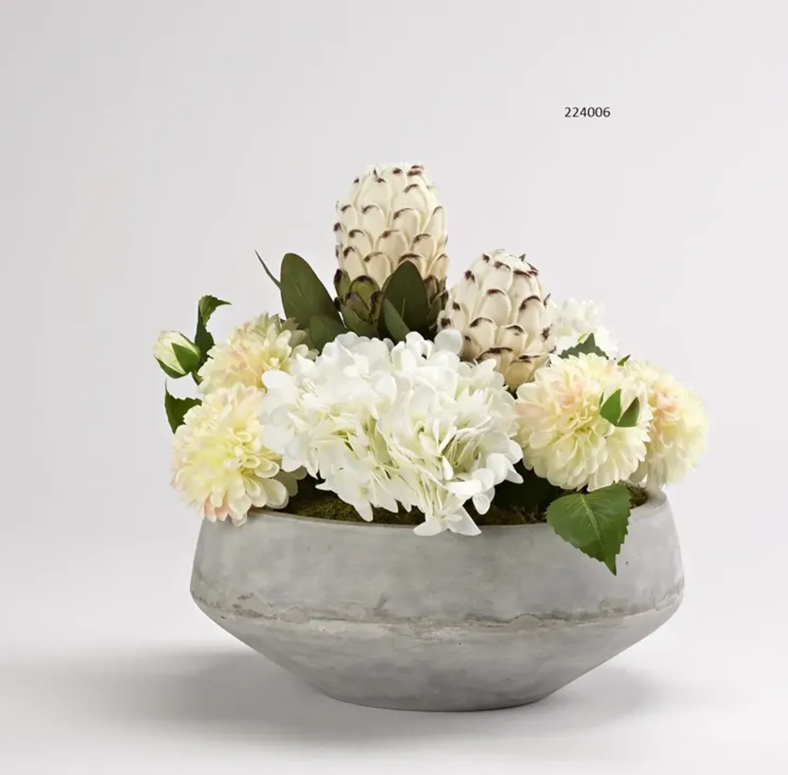 White Hydrangeas, Proteas And Dahliasin Concrete Bowl