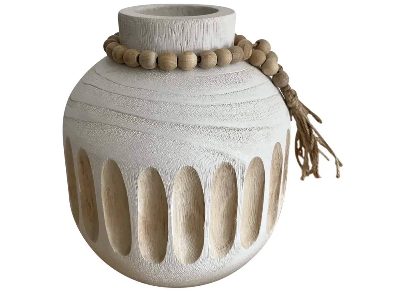 Wood, 8" Round Ridged Vase W/ Tassels, White