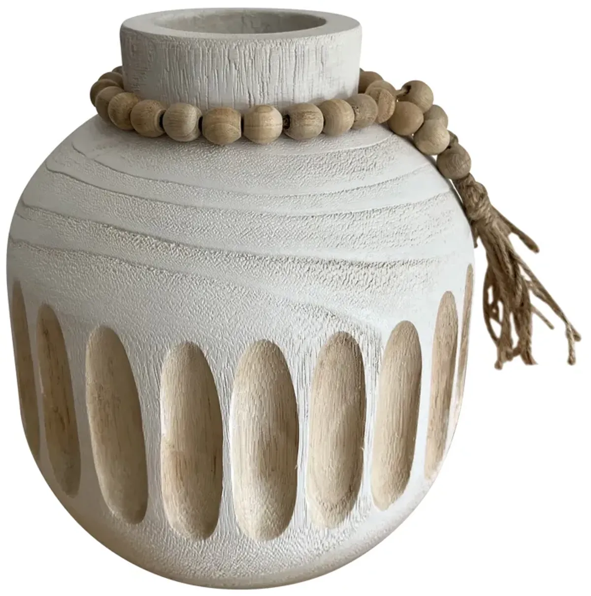 Wood, 8" Round Ridged Vase W/ Tassels, White