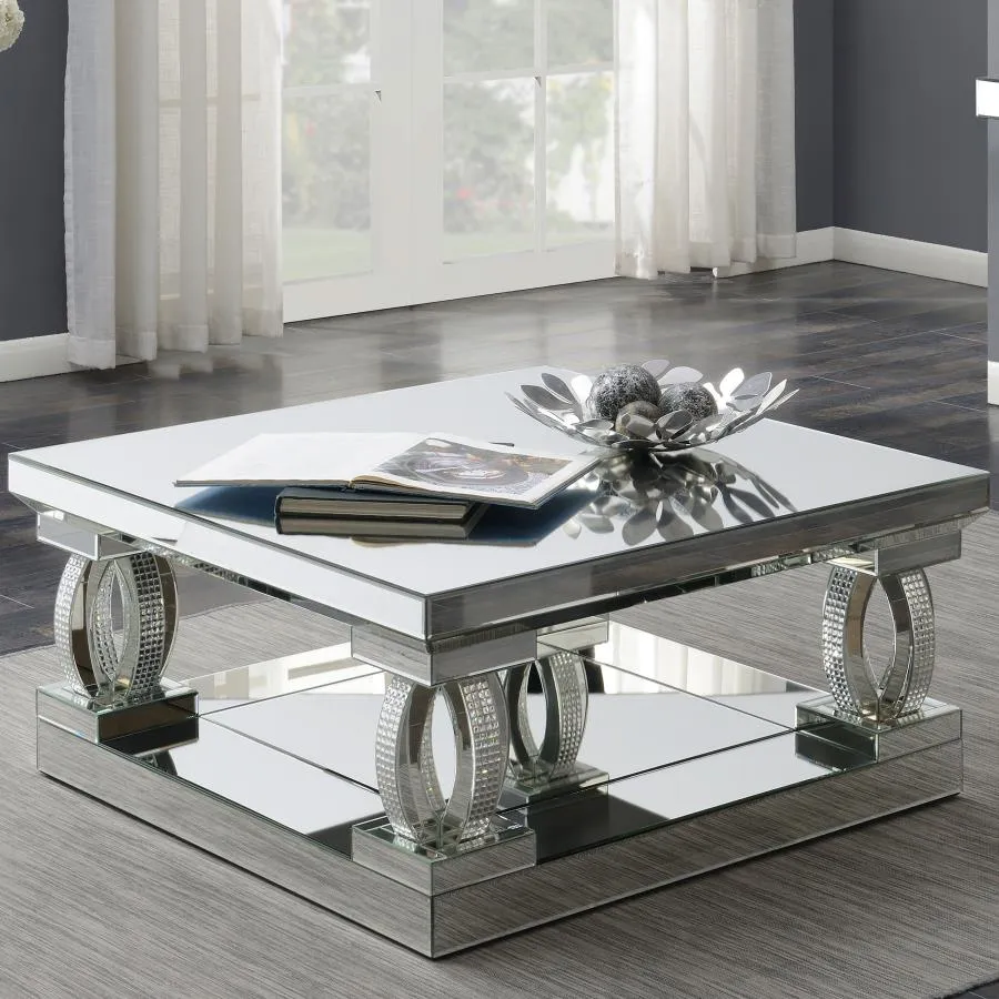 Amalia Square Coffee Table with Lower Shelf Clear Mirror