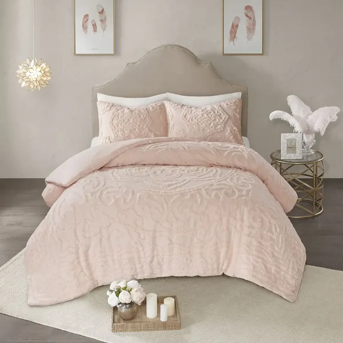 Madison Park Laetitia Blush 3-Piece Tufted Cotton Chenille Medallion Duvet Cover Set