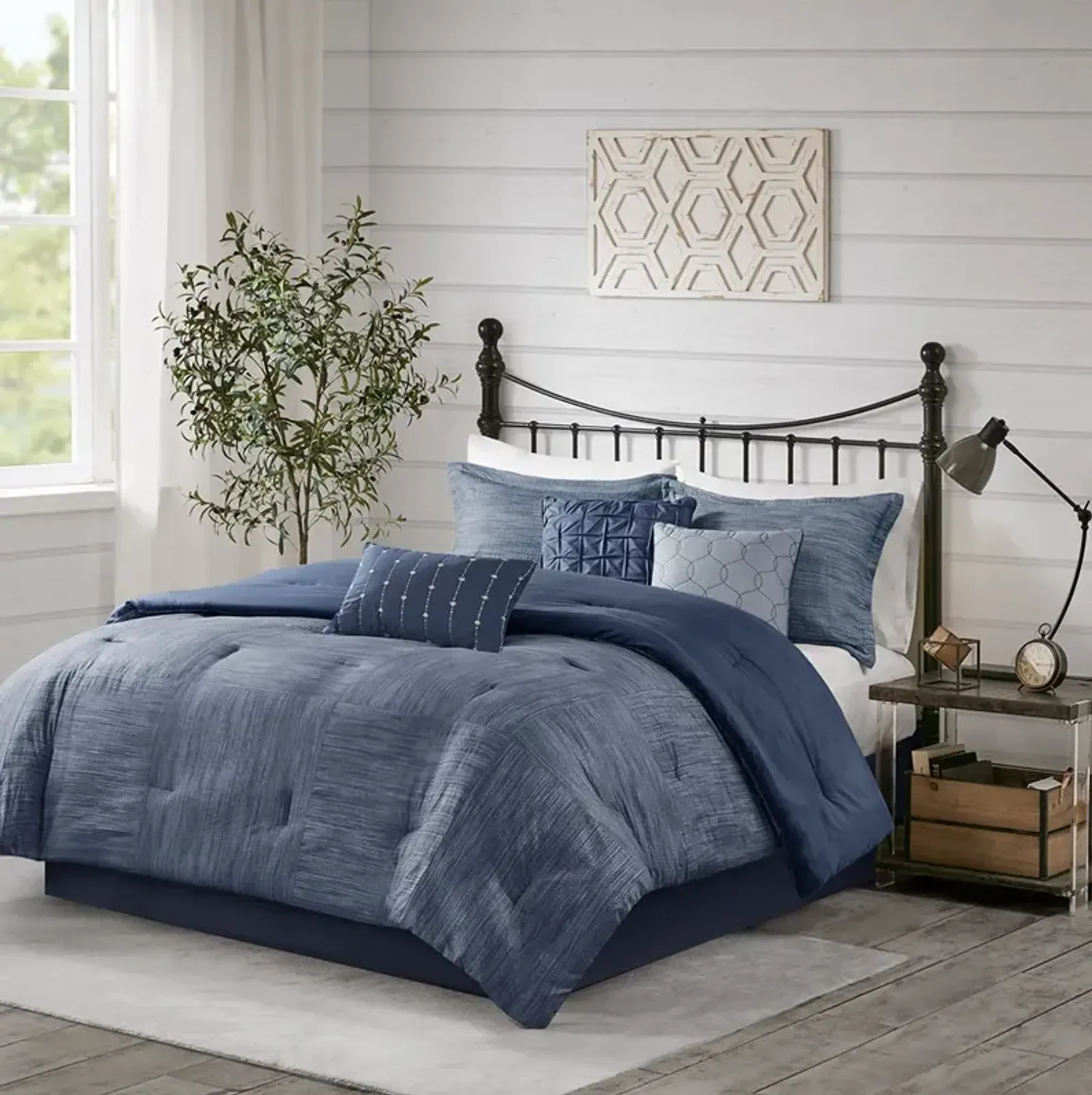 Madison Park Walter Navy 7 Piece Printed Seersucker Comforter Set