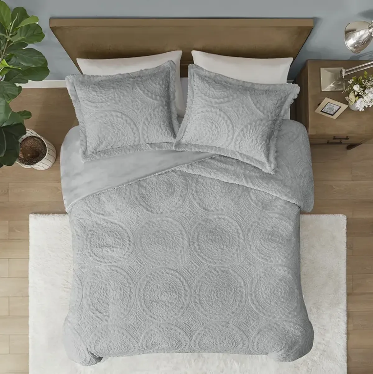 Madison Park Arya Grey Embroidered Medallion Faux Fur Ultra Plush Comforter Mini Set