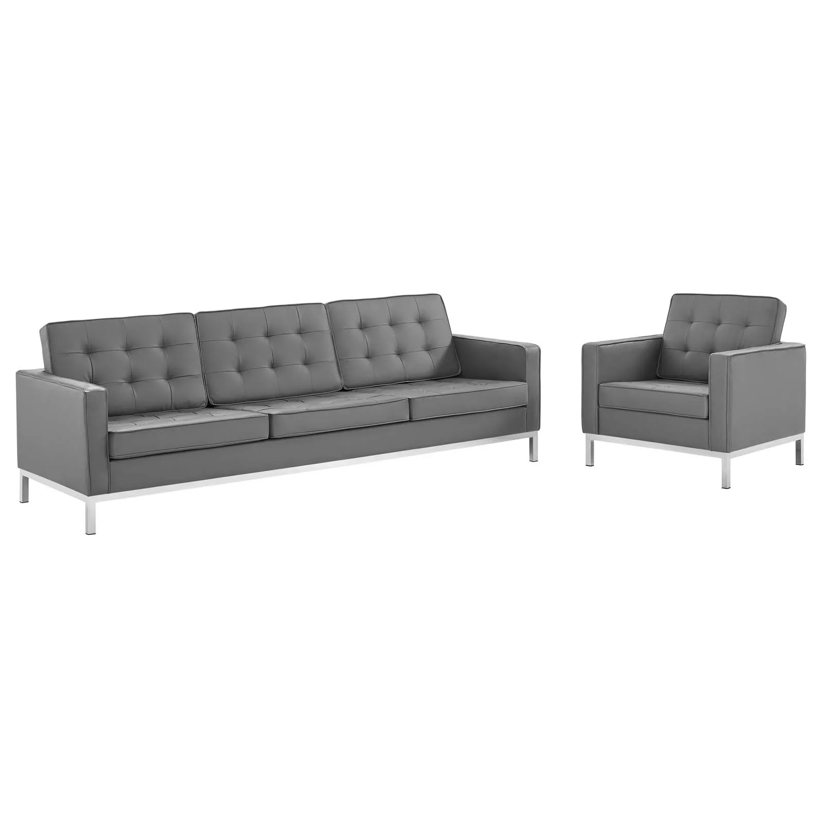 Loft Tufted Upholstered Faux Leather Sofa and Armchair Set