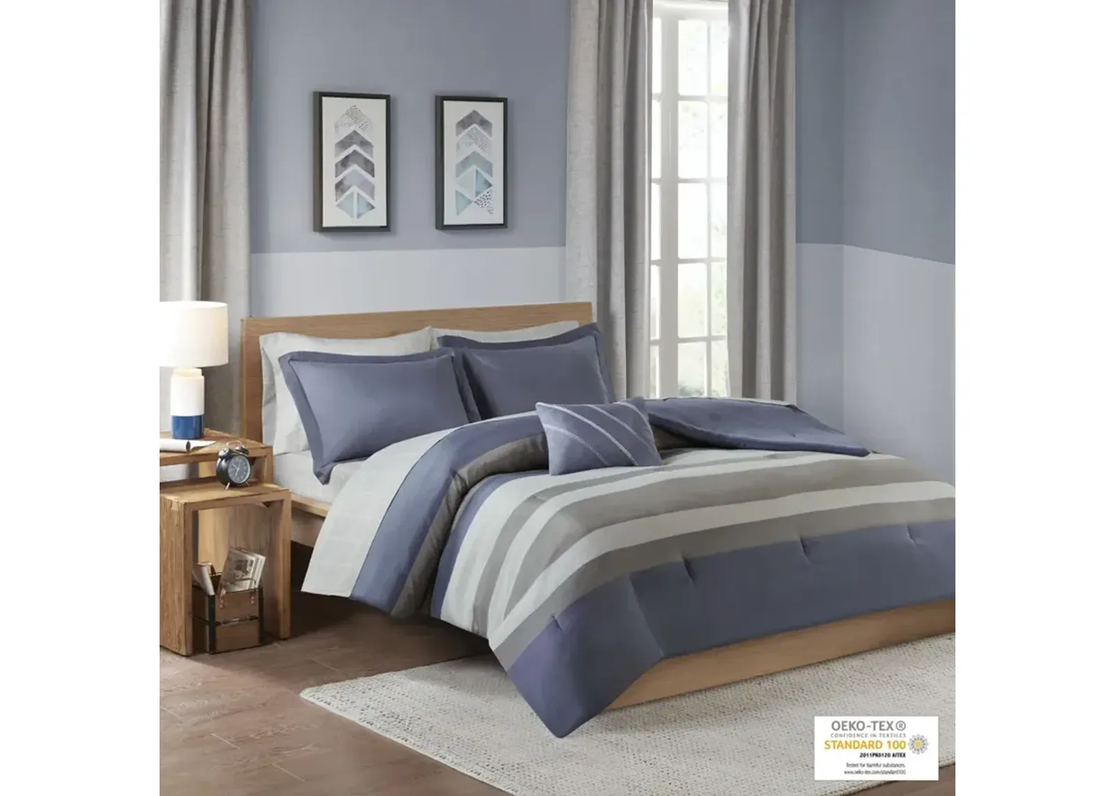 Intelligent Design Marsden Blue/Grey Striped Comforter Set with Bed Sheets