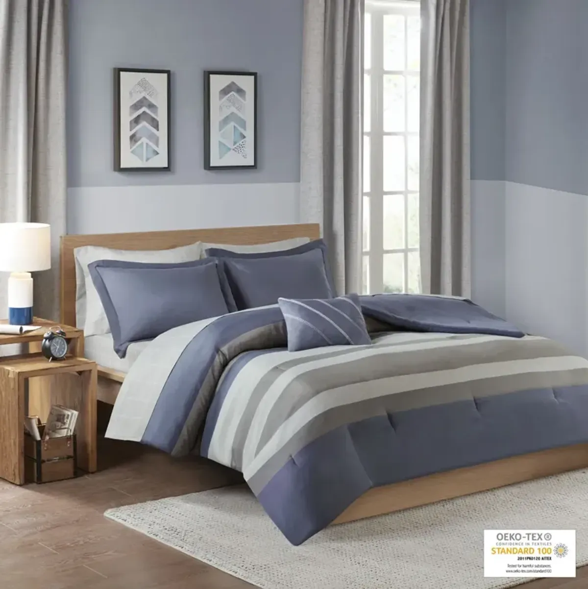 Intelligent Design Marsden Blue/Grey Striped Comforter Set with Bed Sheets