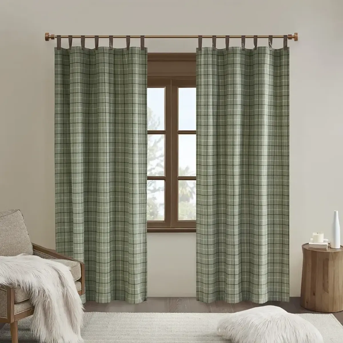 Anaheim Plaid Faux Leather Tab Top Curtain Panel with Fleece Lining