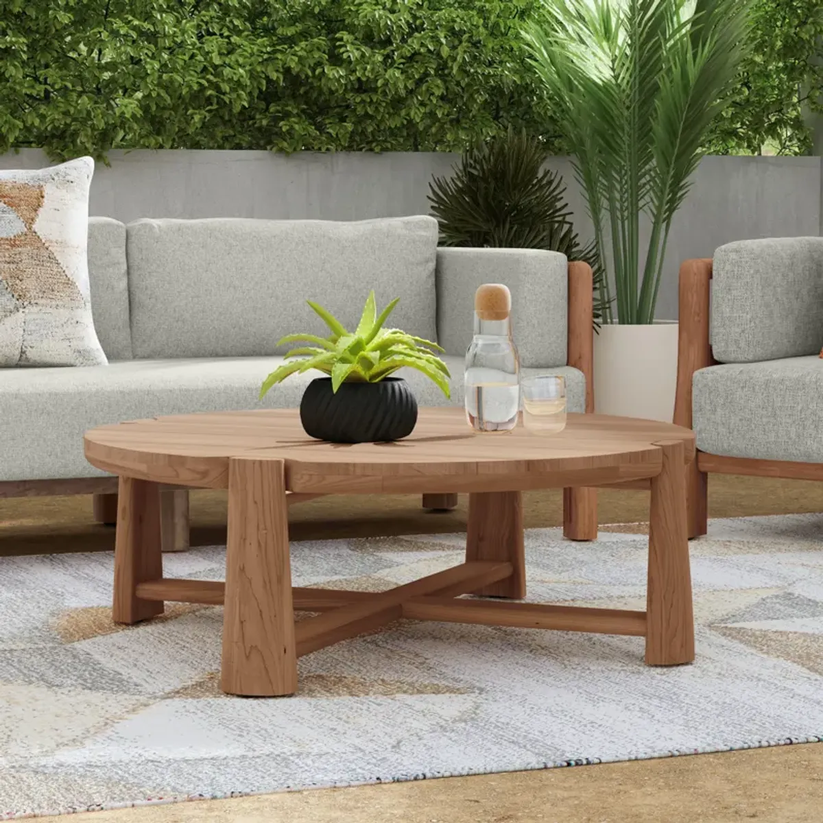 Aston 48" Round Teak Wood Outdoor Coffee Table in Natural Tone