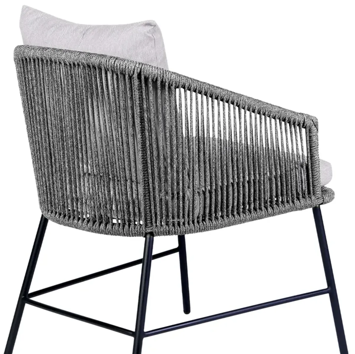 Calica Outdoor Patio Dining Chair in Black Metal and Gray Rope