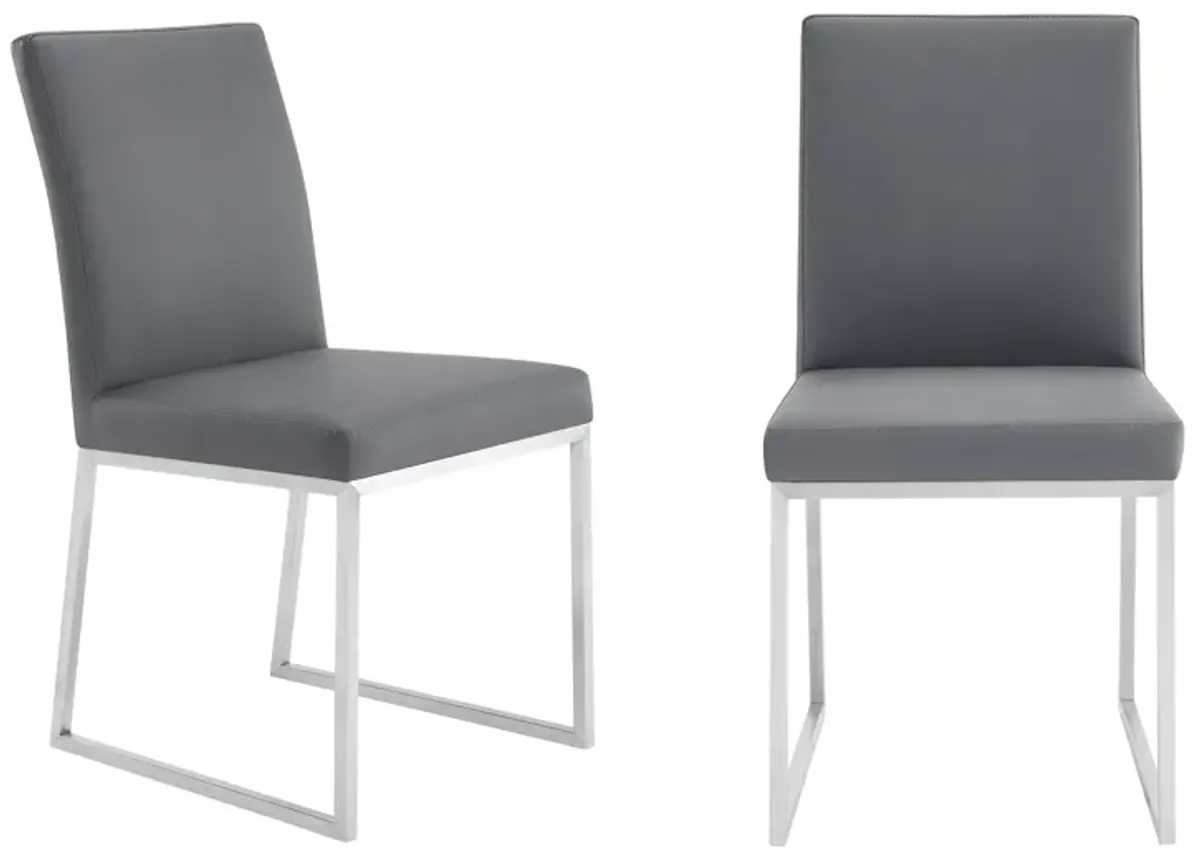 Trevor Contemporary Dining Chair in Brushed Stainless Steel and Gray Faux Leather - Set of 2