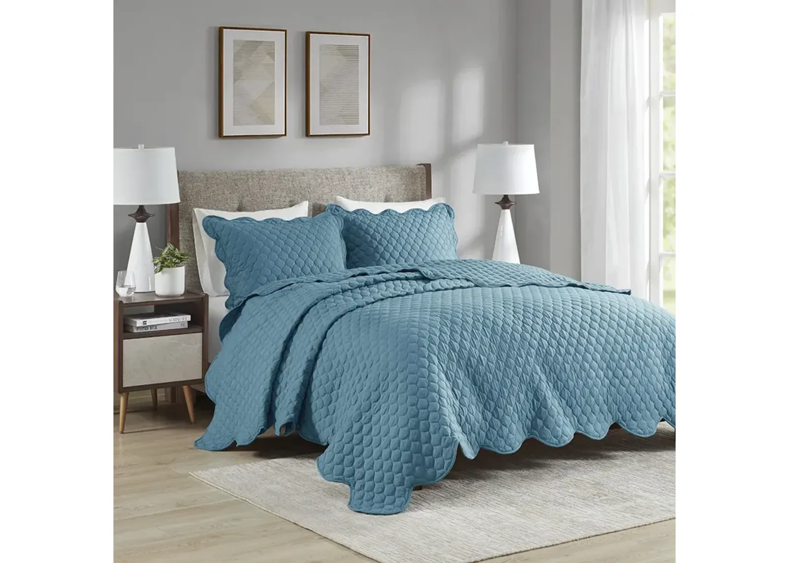 Madison Park Nala Teal 3 Piece Scalloped Edge Crinkle Microfiber Quilt Set