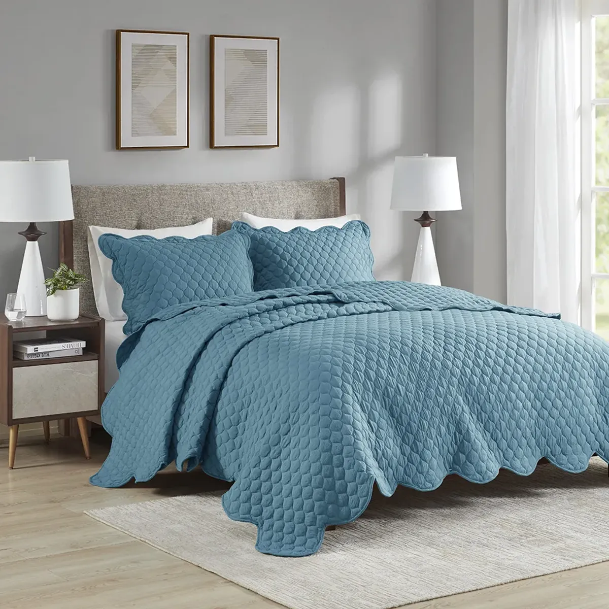 Madison Park Nala Teal 3 Piece Scalloped Edge Crinkle Microfiber Quilt Set