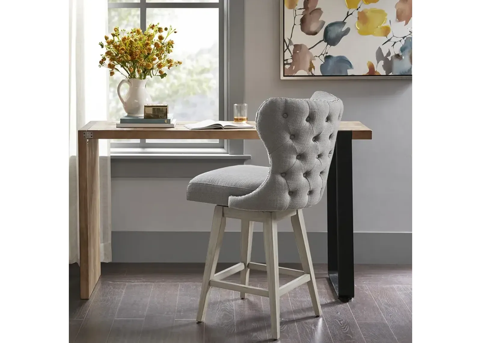 Madison Park Hancock Grey High Wingback Button Tufted Upholstered 27" Swivel Counter Stool with Nailhead Accent