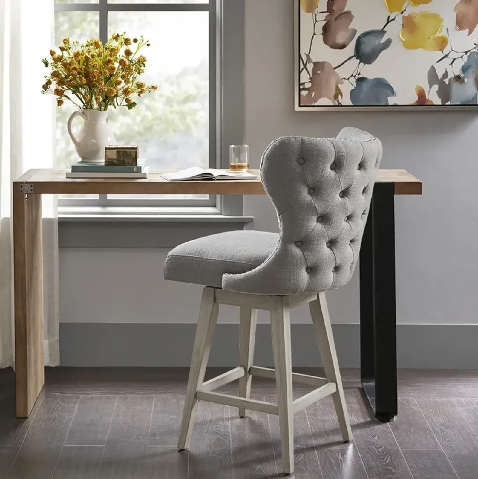 Madison Park Hancock Grey High Wingback Button Tufted Upholstered 27" Swivel Counter Stool with Nailhead Accent