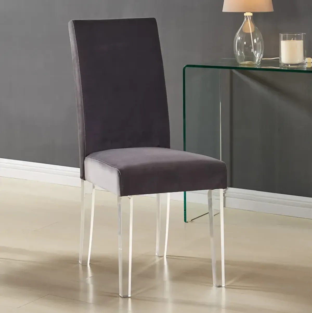 Dalia Modern and Contemporary Dining Chair in Gray Velvet with Acrylic Legs - Set of 2