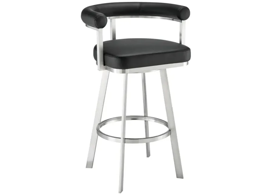 Magnolia 30" Swivel Bar Stool in Brushed Stainless Steel with Black Faux Leather