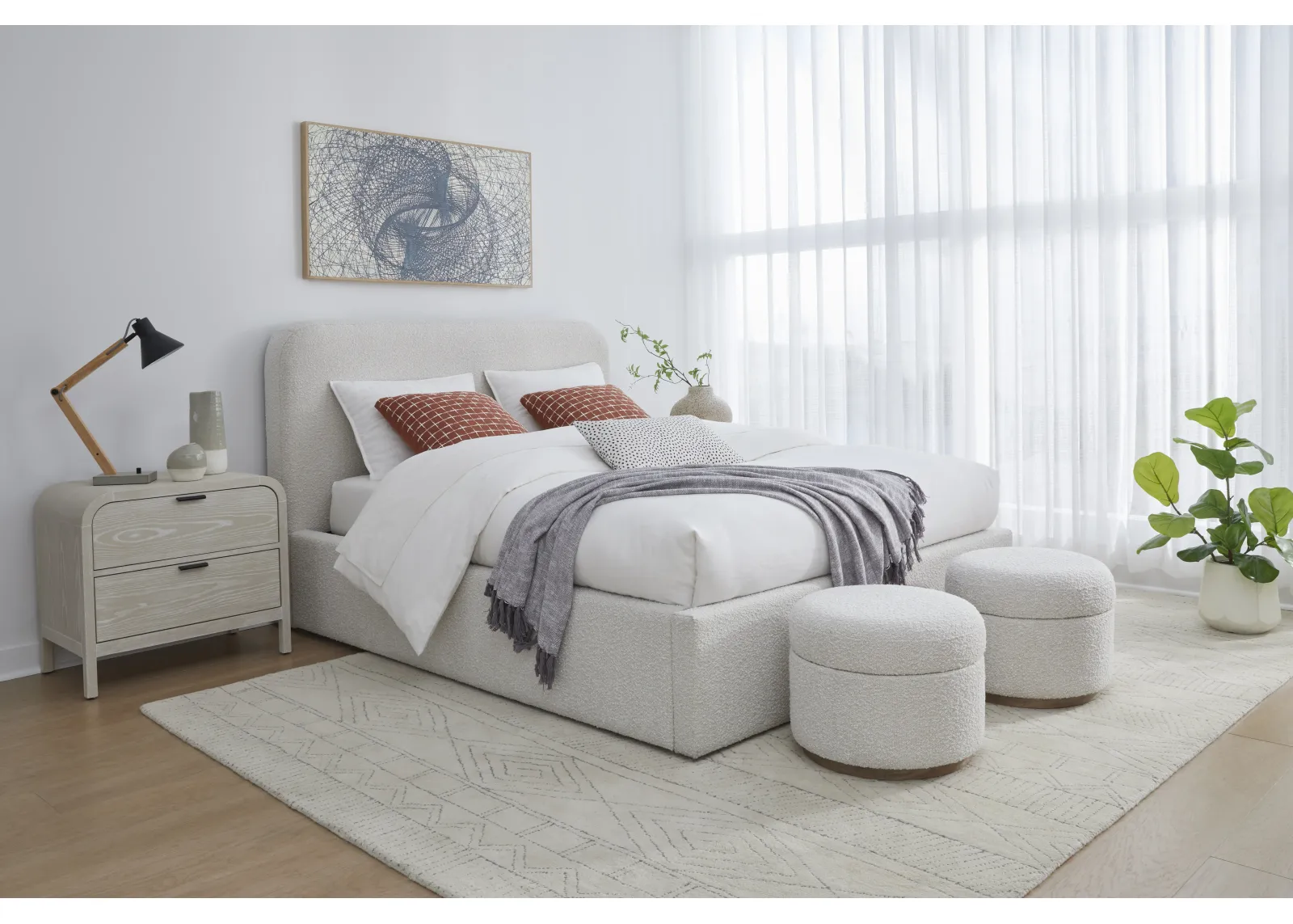 Off-White King-size Upholstered Platform Bed in Ricotta Boucle