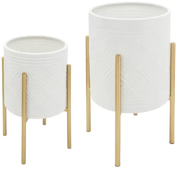 S/2 Aztec Planter On Metal Stand, White/gold
