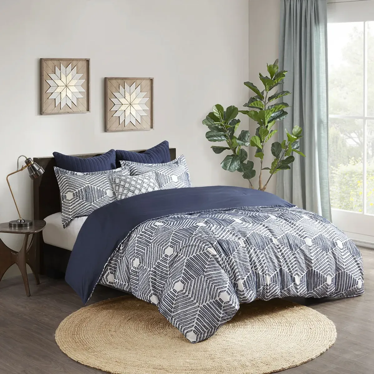 INK+IVY Ellipse Navy Cotton Jacquard Duvet Cover Set