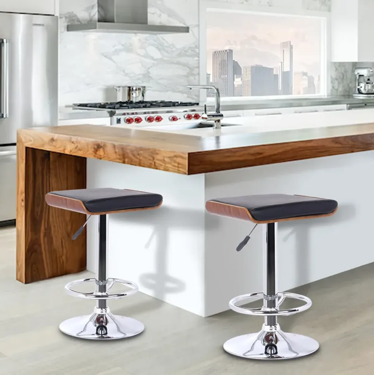 Java Barstool in Chrome finish with Walnut wood and Black Faux Leather