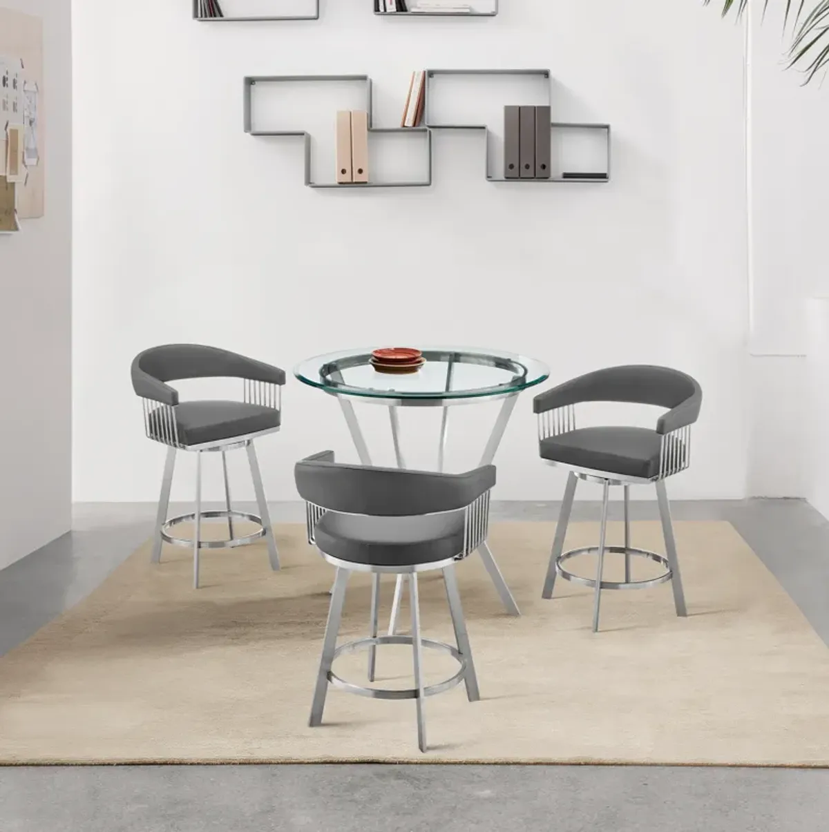 Naomi and Chelsea 4-Piece Counter Height Dining Set in Brushed Stainless Steel and Grey Faux Leather