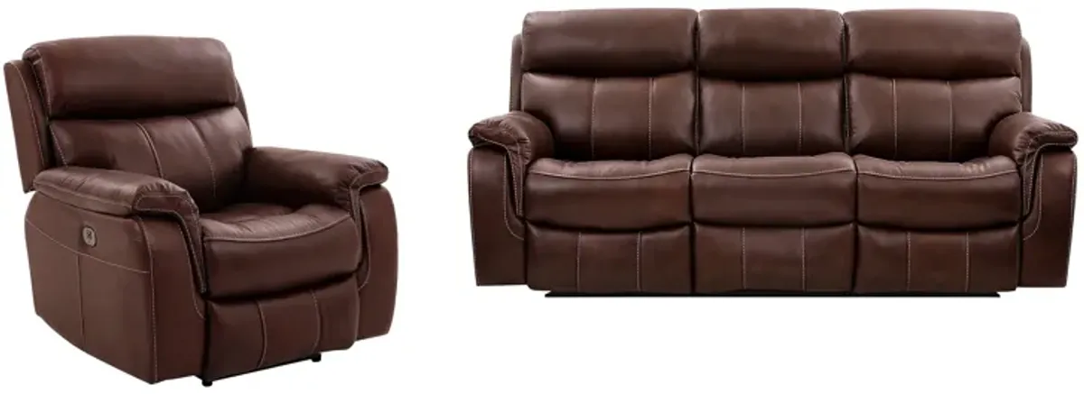 Montague Dual Power Reclining 2 Piece Sofa and Recliner Set in Genuine Brown Leather