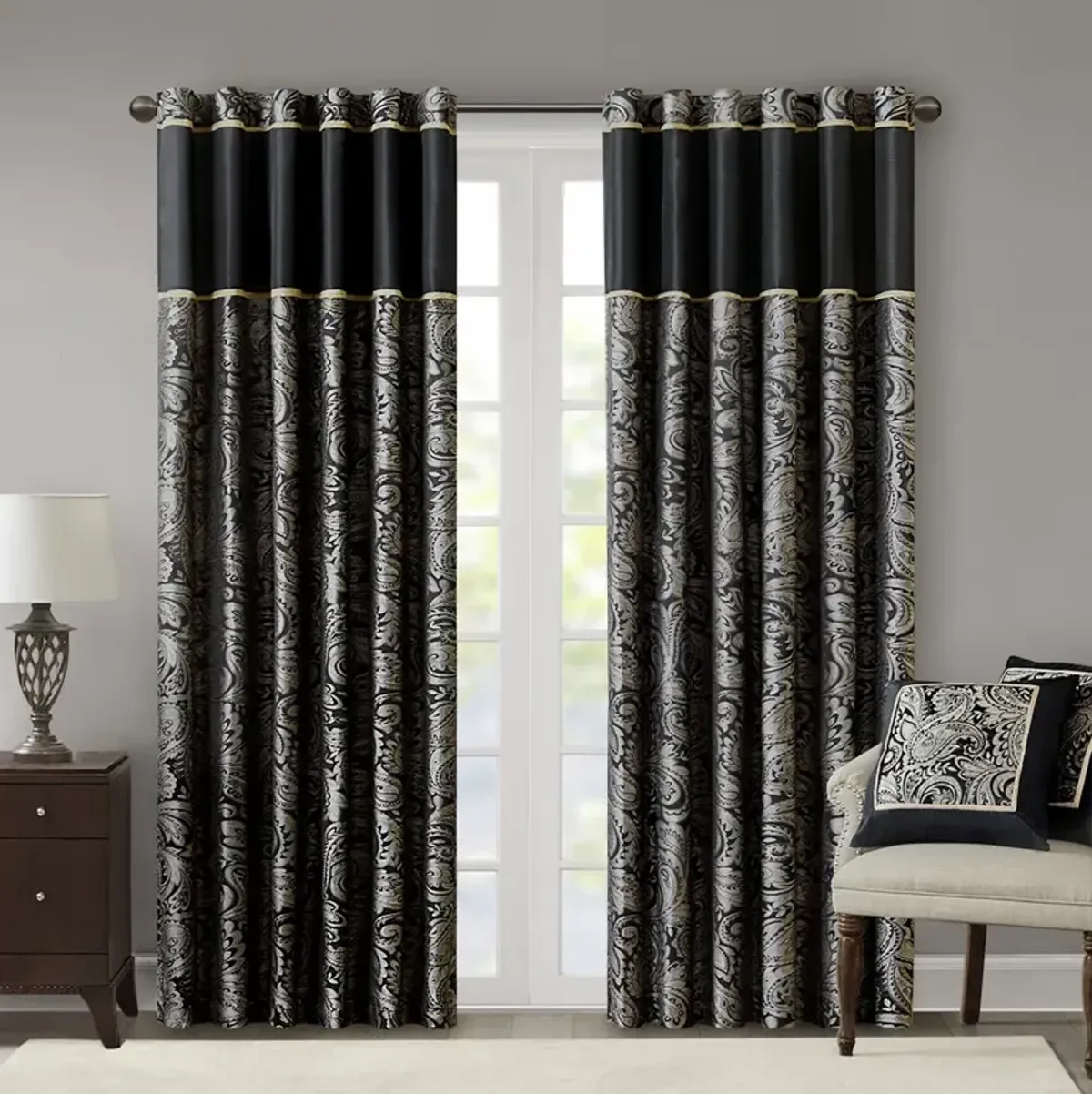 Madison Park Aubrey Black Jacquard Curtain Panel Pair