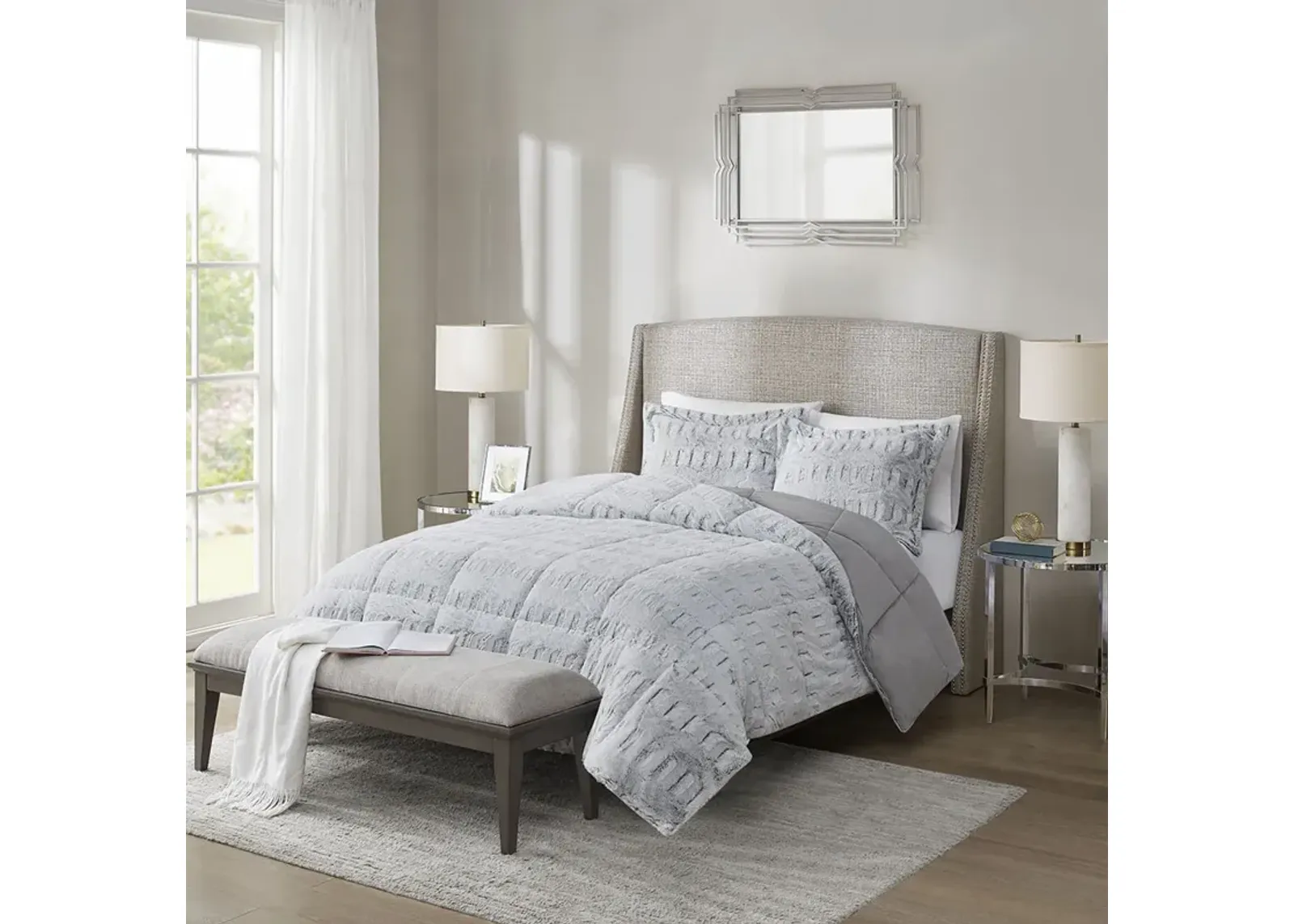 Madison Park Gia Grey Back Print Long Fur Comforter Mini Set