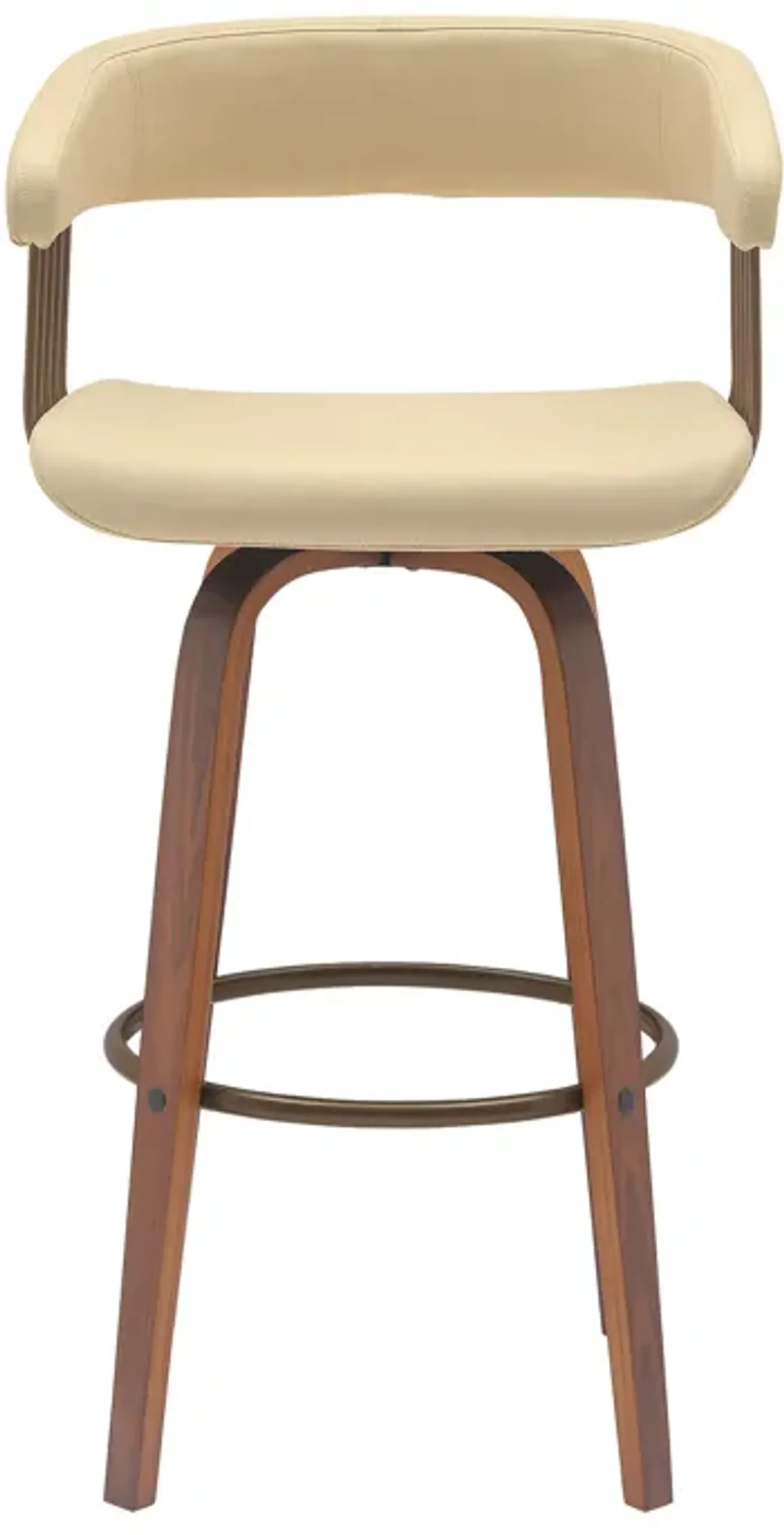 Topanga 30.5" Swivel Walnut Wood Bar Stool in Cream Faux Leather with Golden Bronze Metal