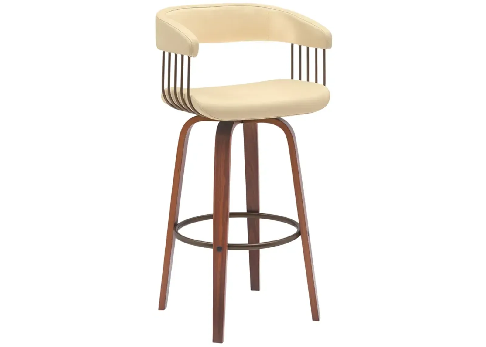 Topanga 30.5" Swivel Walnut Wood Bar Stool in Cream Faux Leather with Golden Bronze Metal