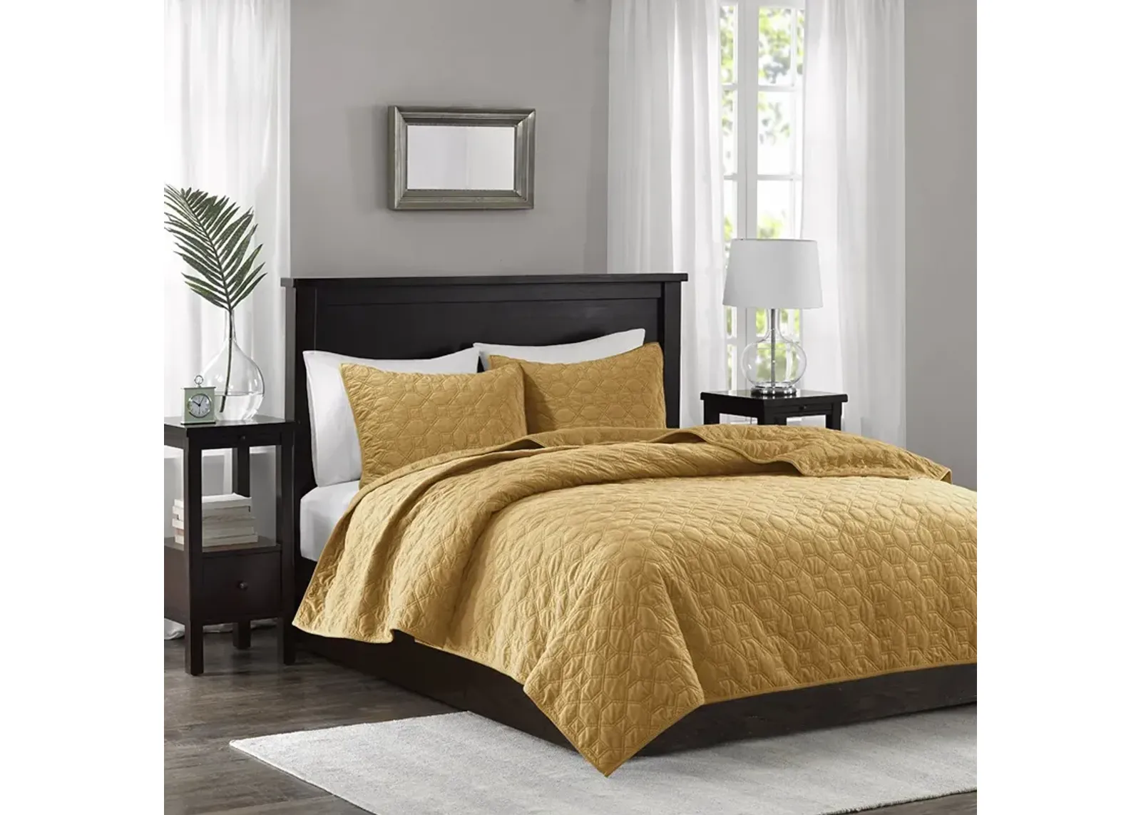 Madison Park Harper Mustard 3 Piece Velvet Quilt Set