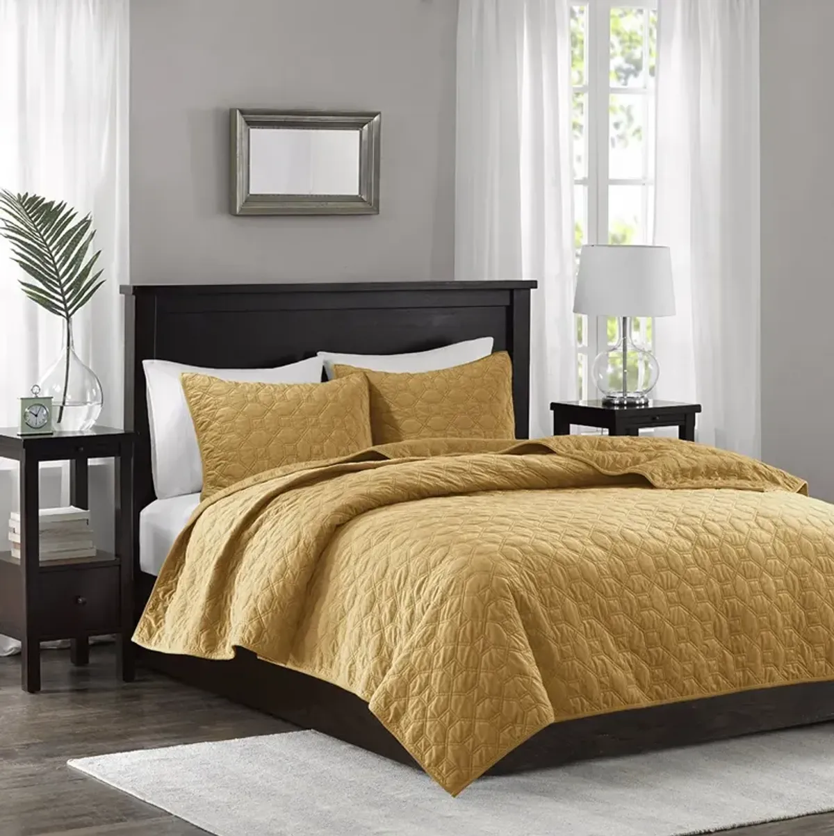 Madison Park Harper Mustard 3 Piece Velvet Quilt Set