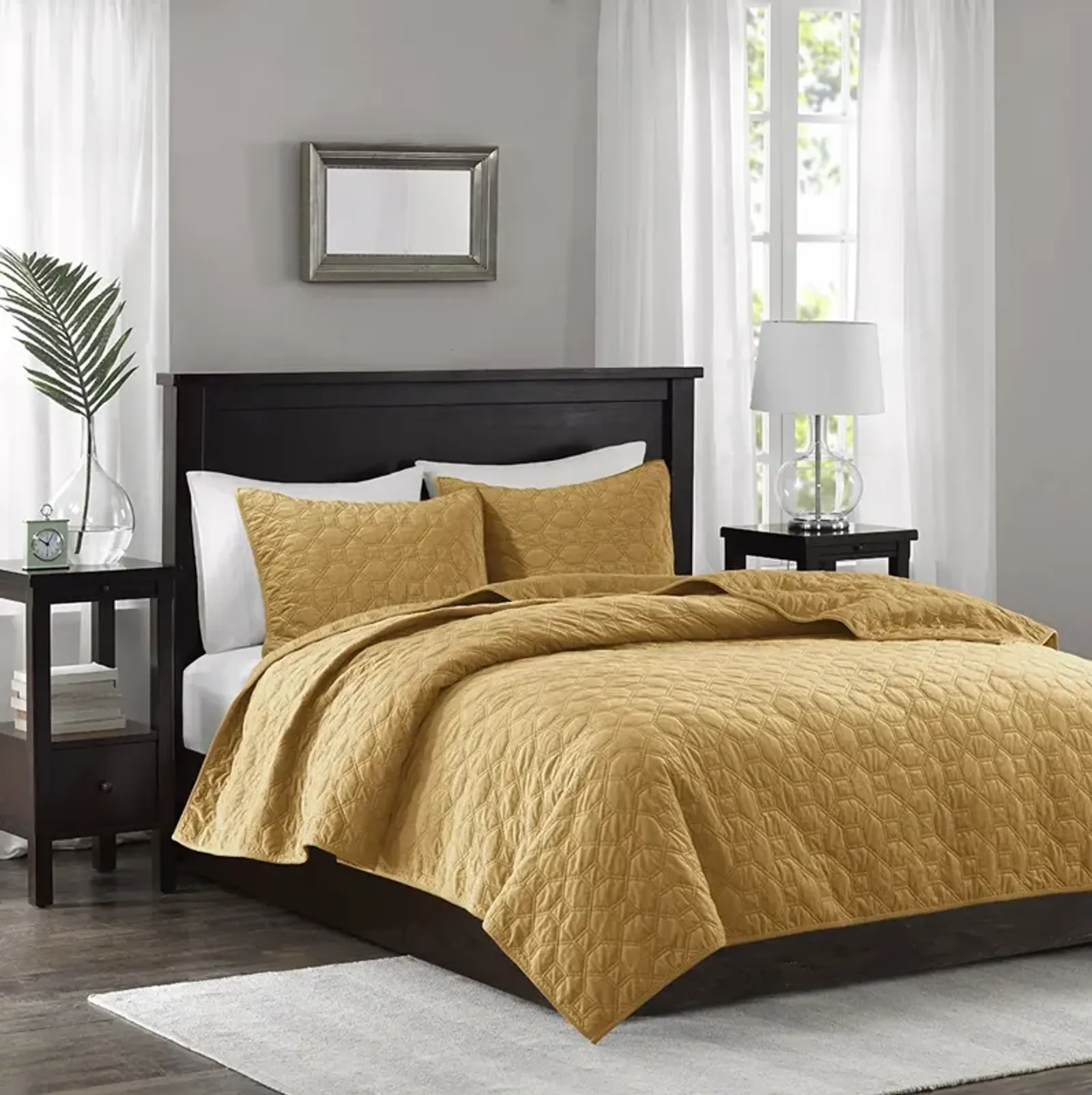 Madison Park Harper Mustard 3 Piece Velvet Quilt Set