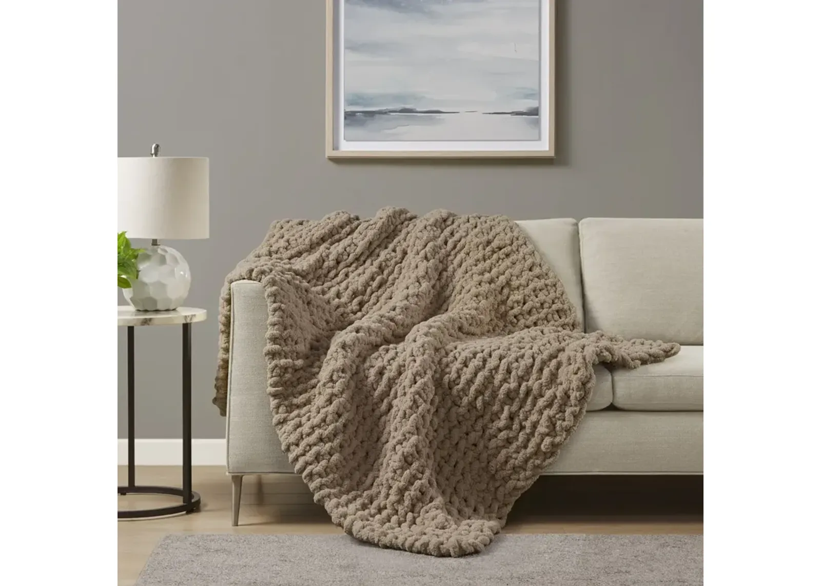 Madison Park Chenille Chunky Knit Brown Throw