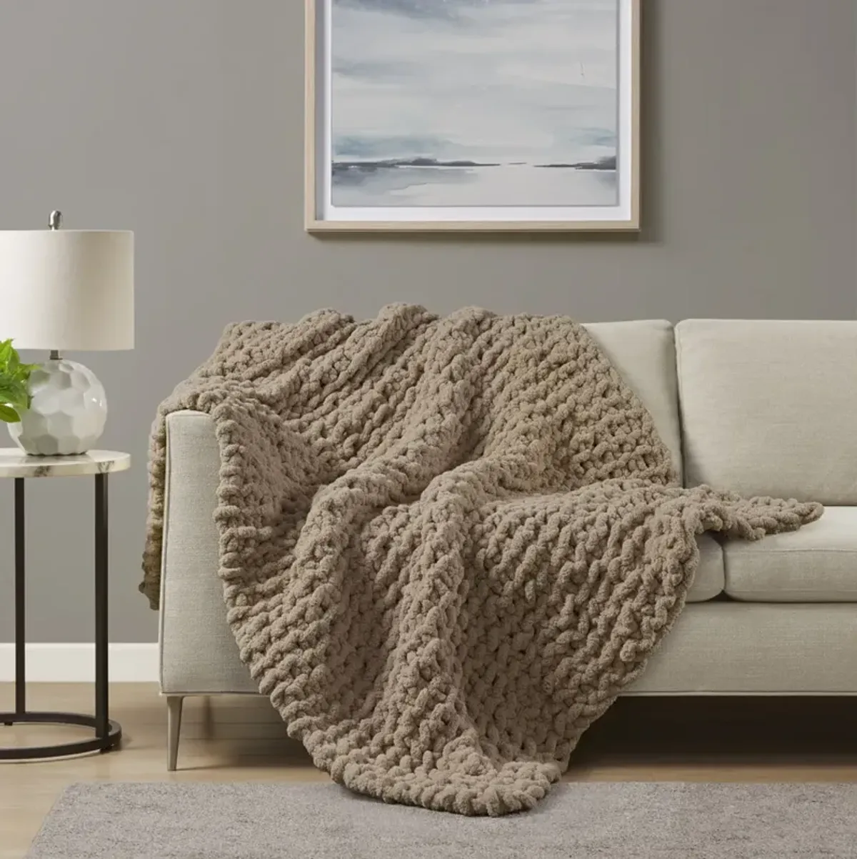 Madison Park Chenille Chunky Knit Brown Throw