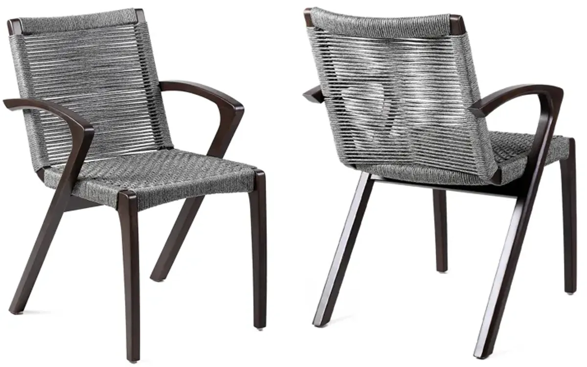 Brielle Outdoor Dark Eucalyptus Wood and Grey Rope Dining Chairs - Set of 2