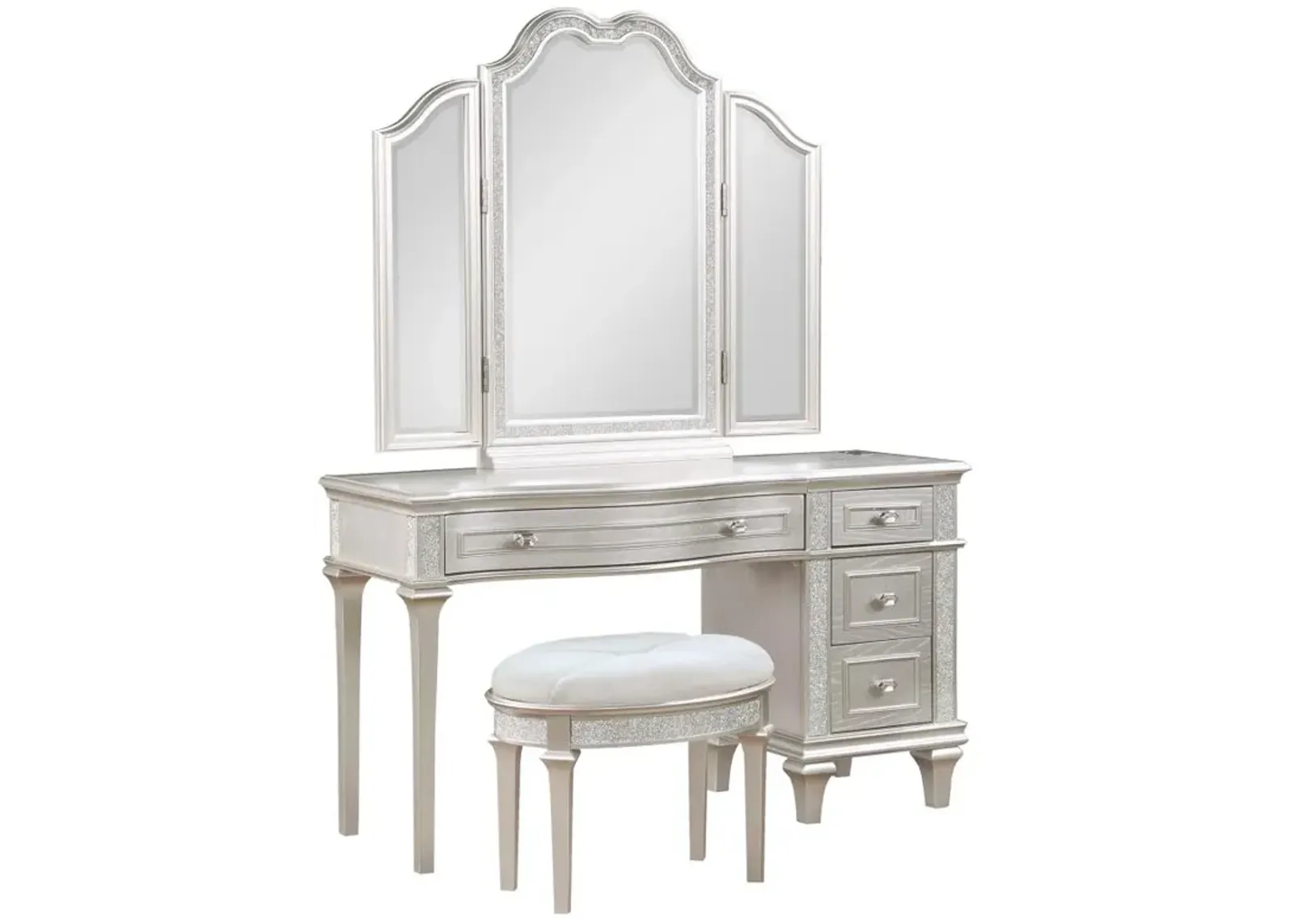 Evangeline 3-piece Vanity Table Set with Tri-Fold Mirror and Stool Silver Oak