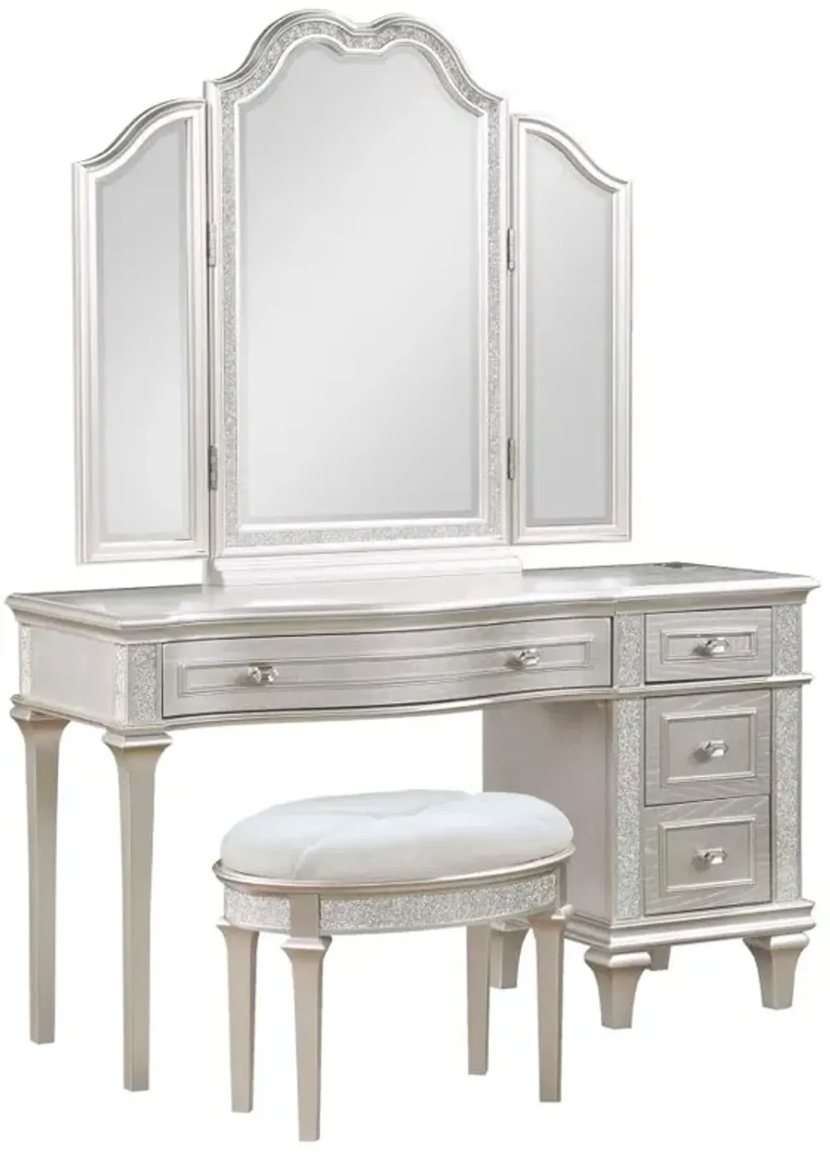 Evangeline 3-piece Vanity Table Set with Tri-Fold Mirror and Stool Silver Oak