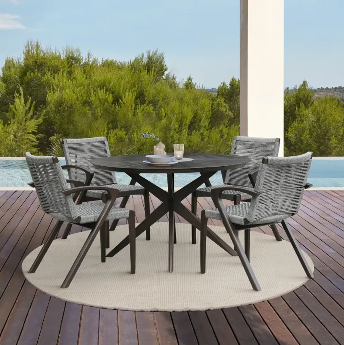 Nabila Outdoor Dark Eucalyptus Wood and Gray Rope Dining Chairs - Set of 2