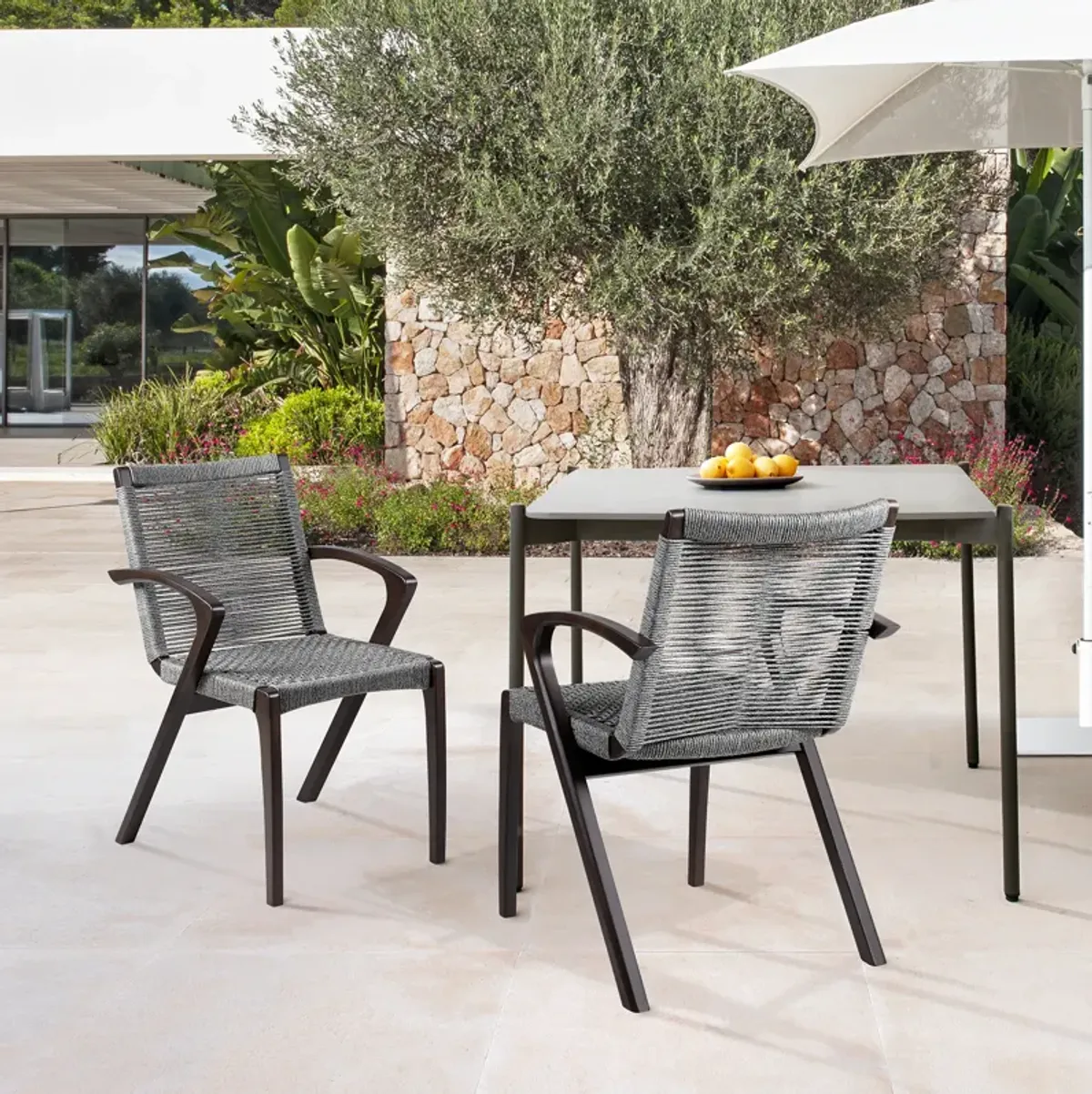 Nabila Outdoor Dark Eucalyptus Wood and Gray Rope Dining Chairs - Set of 2