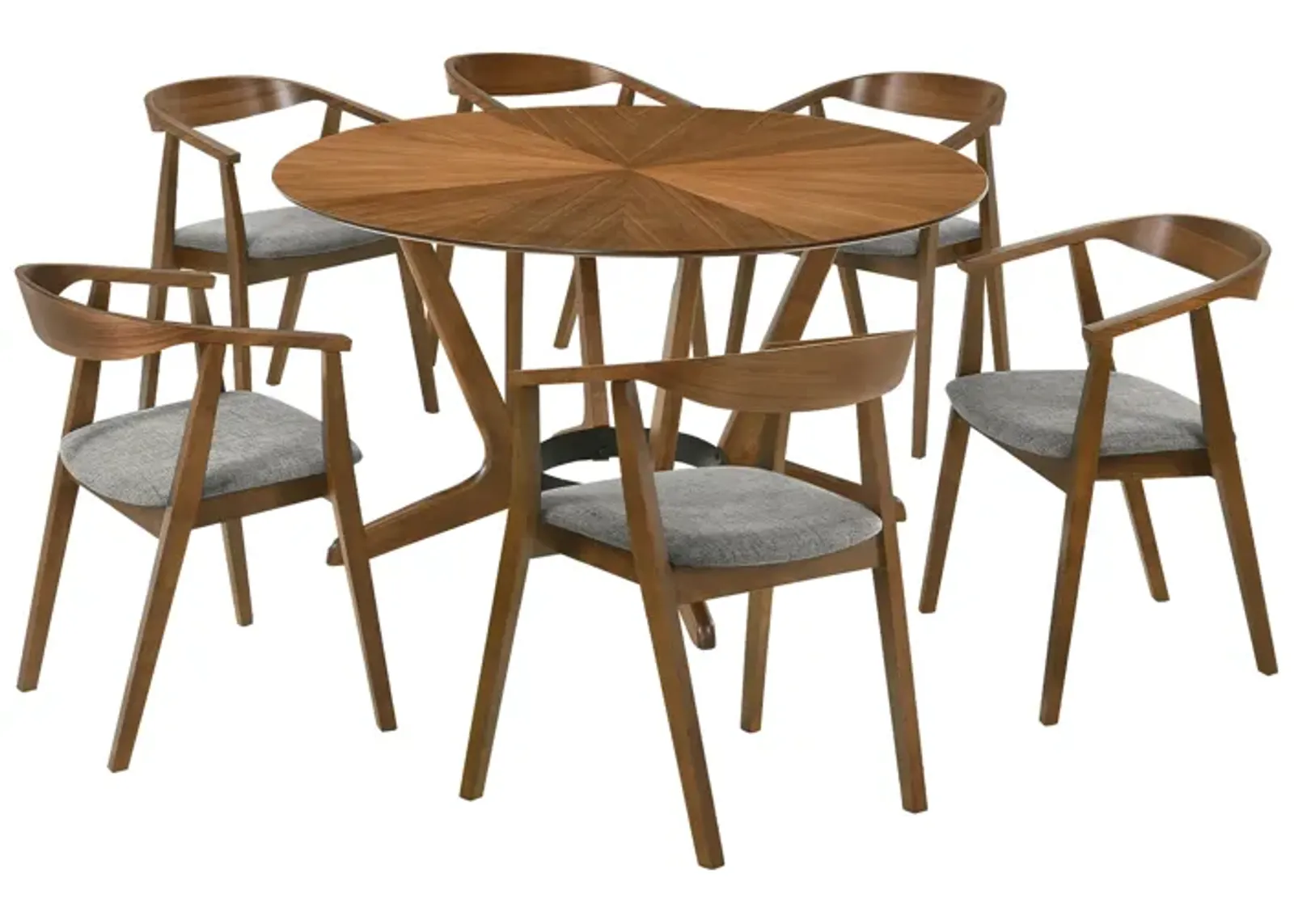 Santana 7 Piece Round Walnut Wood Dining Table Set with Charcoal Fabric