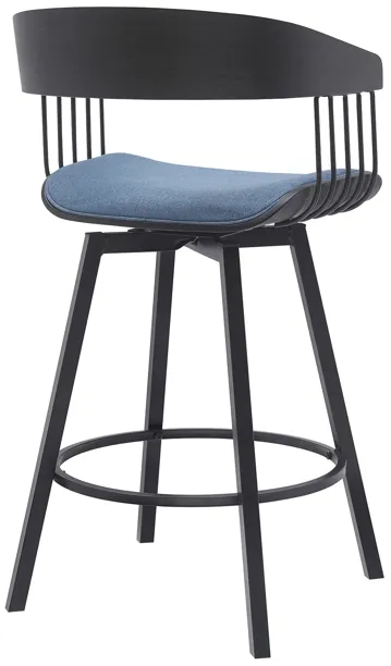 Athena 27" Swivel Black Wood Counter Stool in Blue Fabric with Black Metal