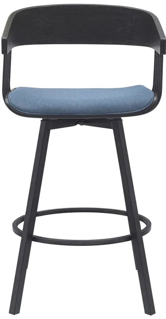 Athena 27" Swivel Black Wood Counter Stool in Blue Fabric with Black Metal