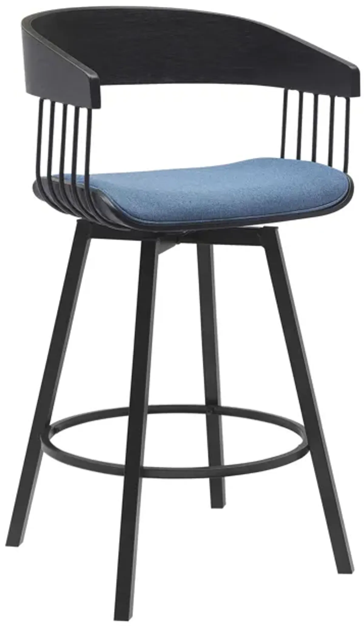 Athena 27" Swivel Black Wood Counter Stool in Blue Fabric with Black Metal