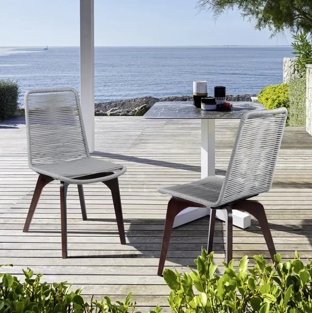 Island Outdoor Dark Eucalyptus Wood and Silver Rope Dining Chairs - Set of 2