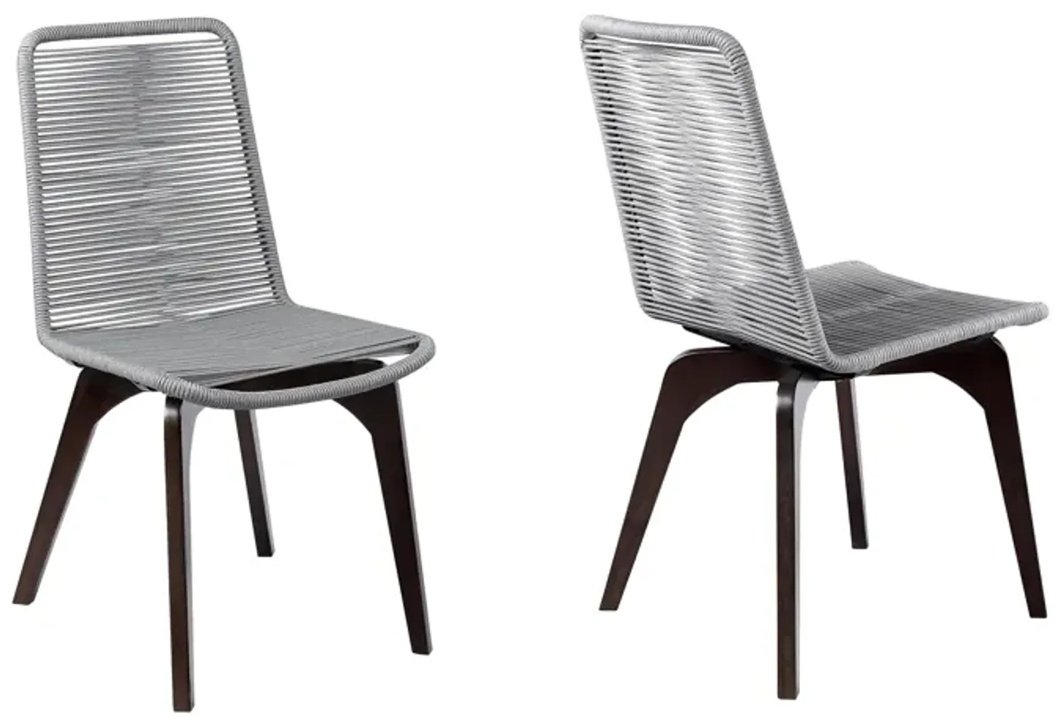 Island Outdoor Dark Eucalyptus Wood and Silver Rope Dining Chairs - Set of 2