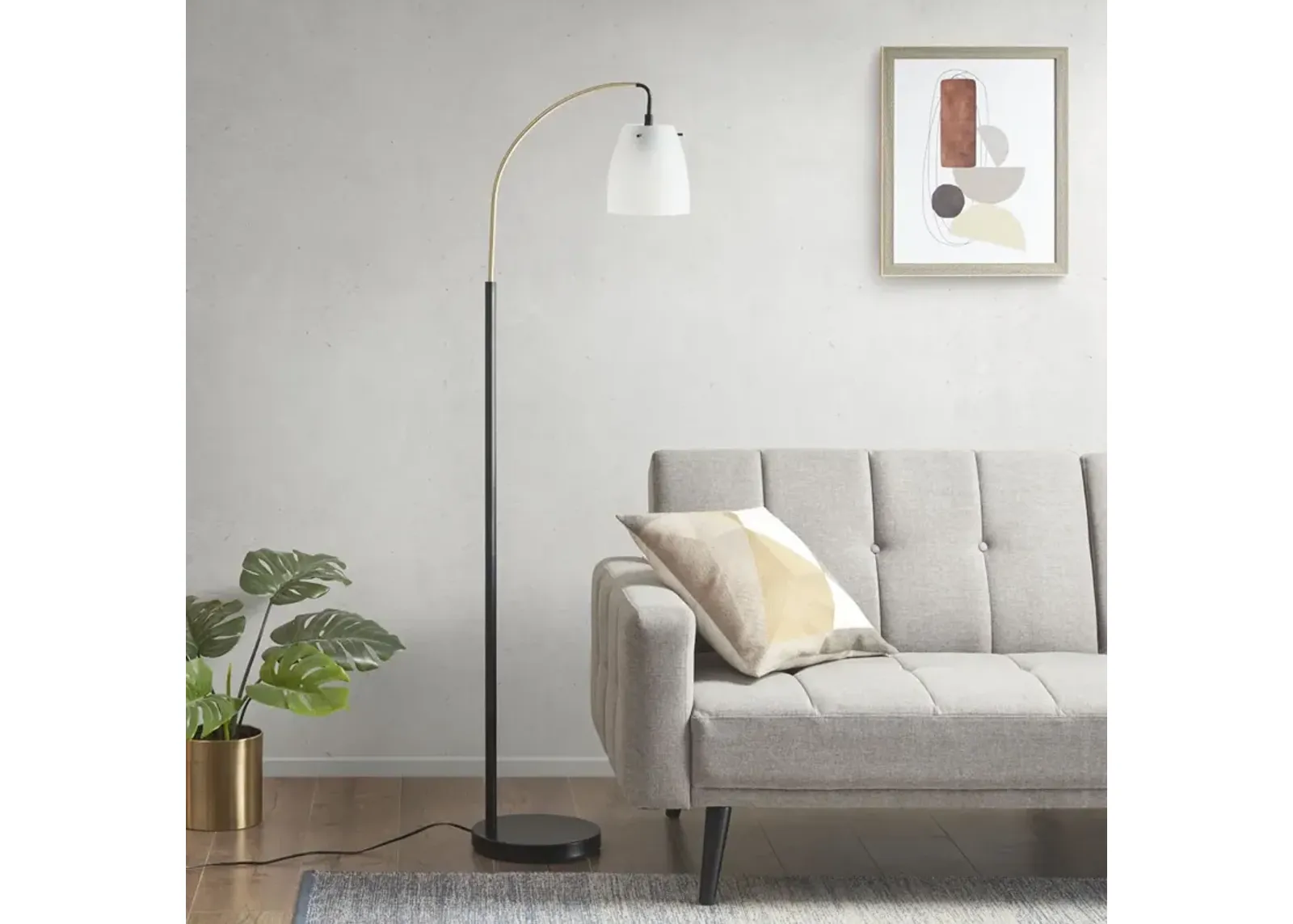 INK+IVY Bristol Matte Black Base/Frosted Shade Arched Metal Floor Lamp with Frosted Glass Shade