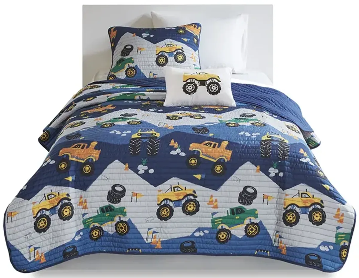 Mi Zone Kids Nash Blue Monster Truck Reversible Quilt Set with Throw Pillow