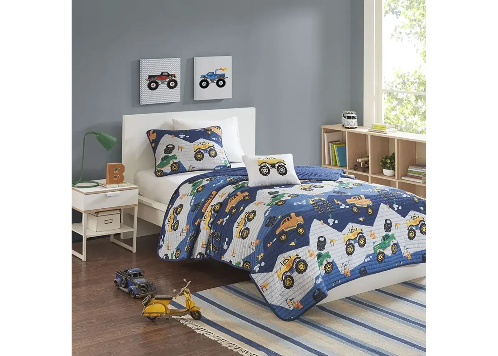 Mi Zone Kids Nash Blue Monster Truck Reversible Quilt Set with Throw Pillow